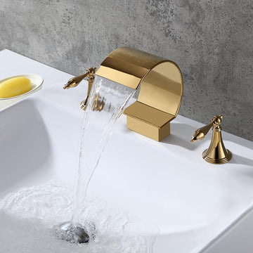 Mooni Waterfall Widespread Lever Handle Bathroom Sink Faucet in Glistening Gold